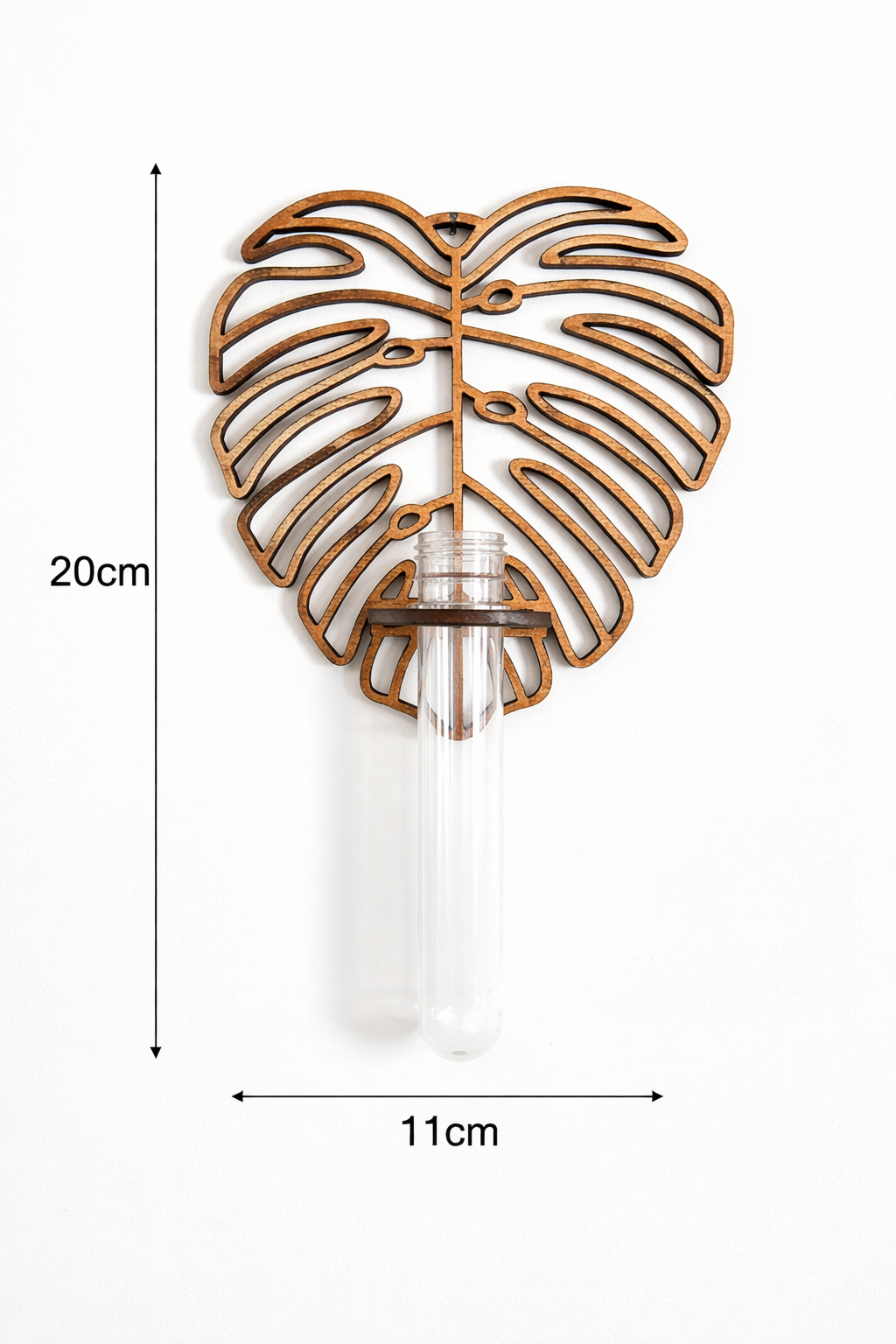 Monstera Leaf Wall Planter – Wooden Hydroponic Holder (Single Tube)